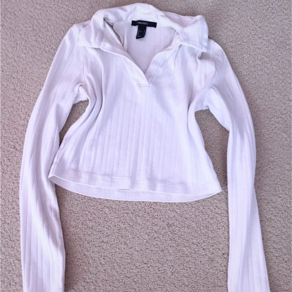 Forever 21 White Ribbed Long Sleeve Top